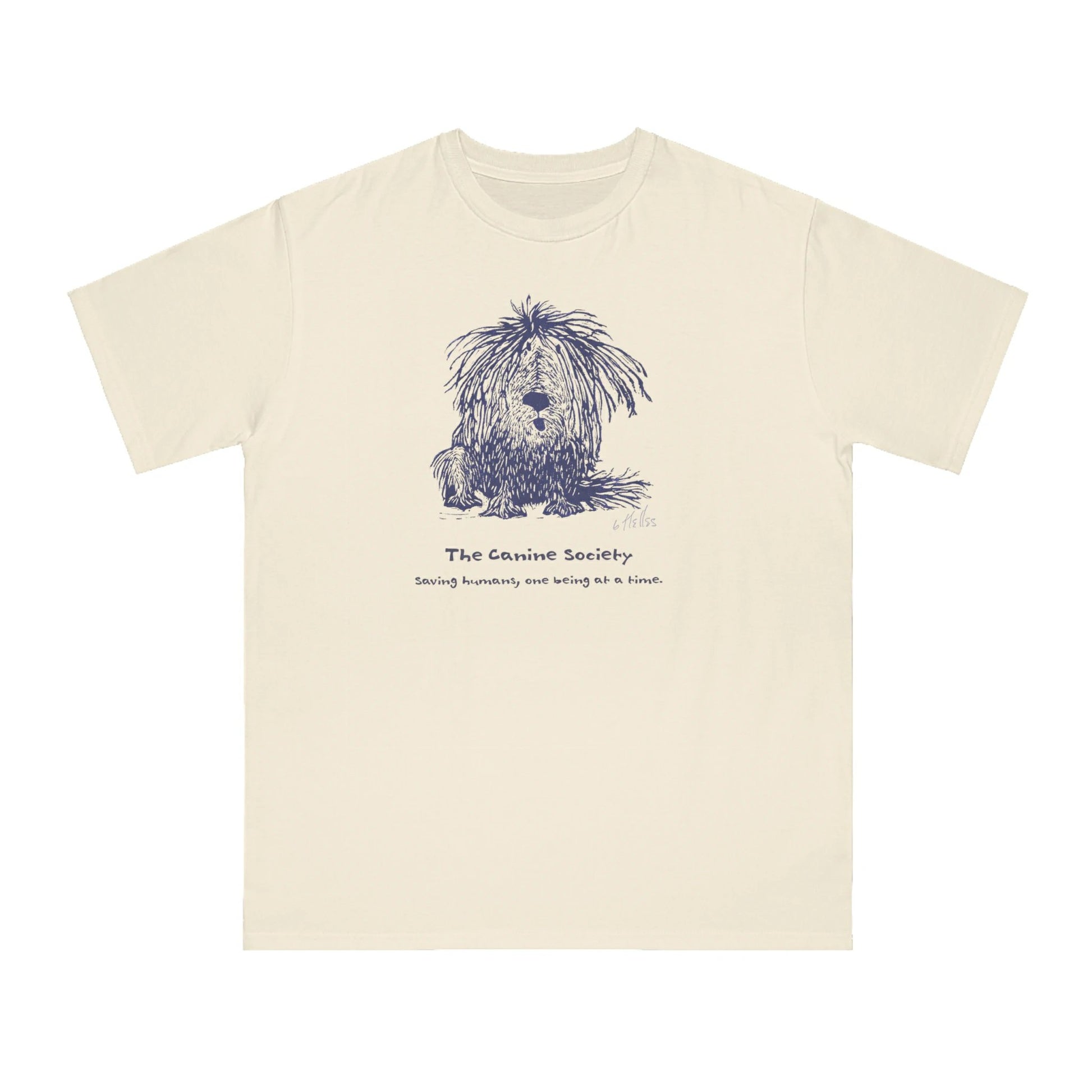 A Shaggy Dog sits on an off-white unisex men's t-shirt. Text below reads: 'Canine Society Saving Humans One Being at a Time.'