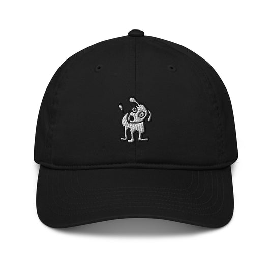 Black organic baseball cap featuring an embroidered design of a playful, cartoon-style dog with one ear raised and a wagging tail, centered on the front panel.