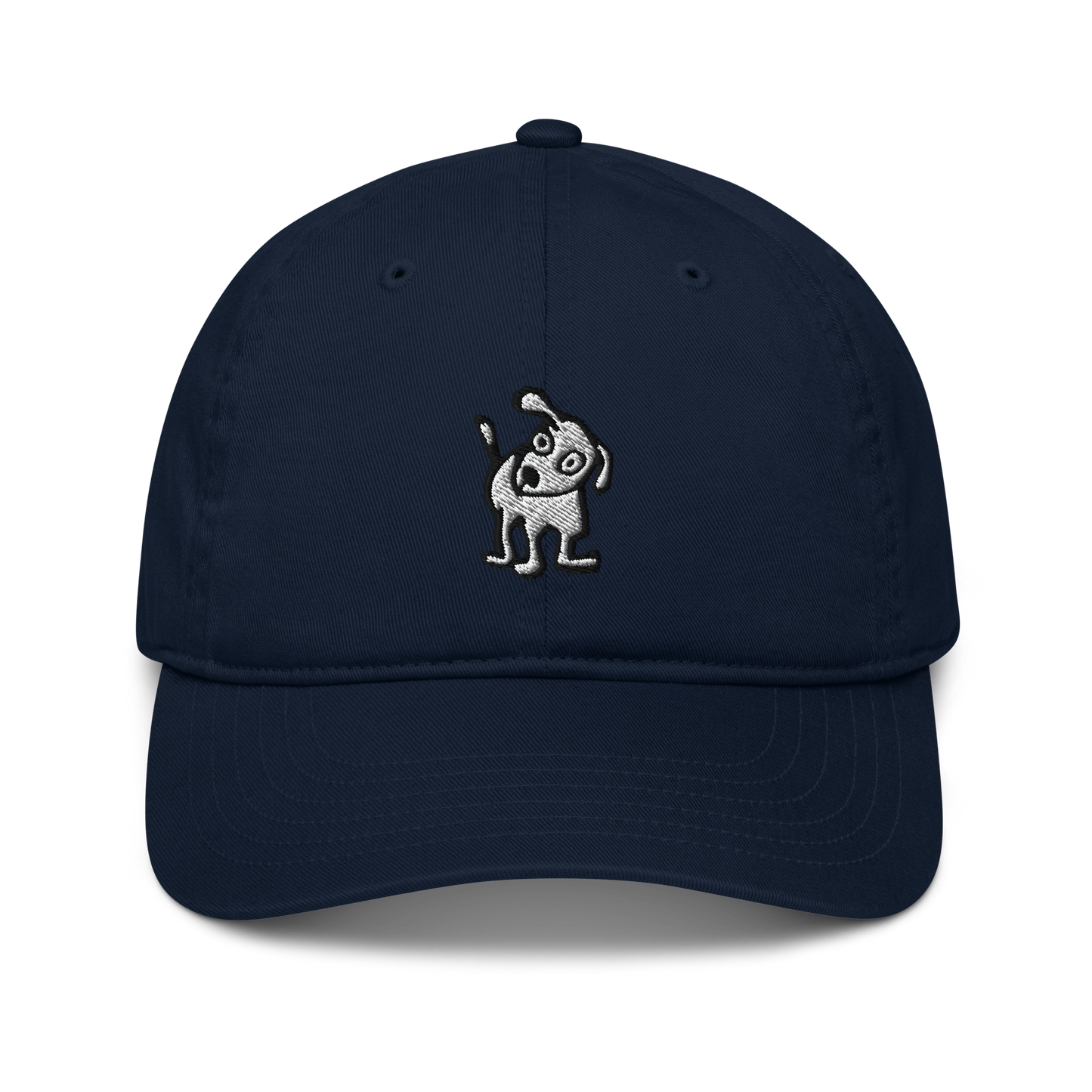 Pacific blue organic baseball cap featuring an embroidered design of a playful, cartoon-style dog with one ear raised and a wagging tail, centered on the front panel.