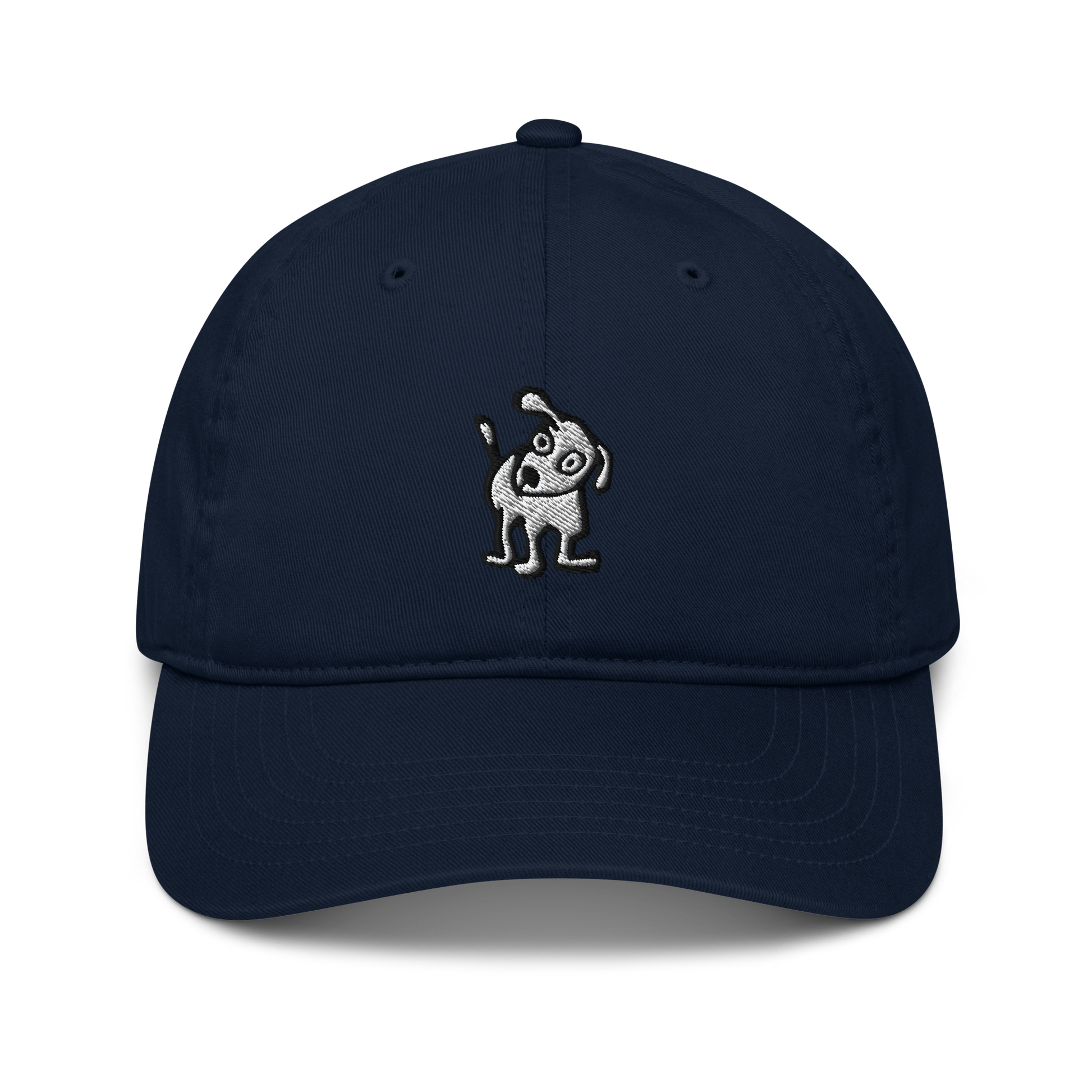 Front of pacific blue organic baseball cap featuring an embroidered design of a playful, cartoon-style dog with one ear raised and a wagging tail, centered on the front panel.