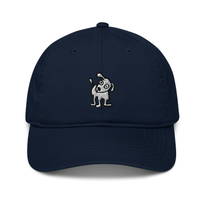Pacific blue organic baseball cap featuring an embroidered design of a playful, cartoon-style dog with one ear raised and a wagging tail, centered on the front panel.