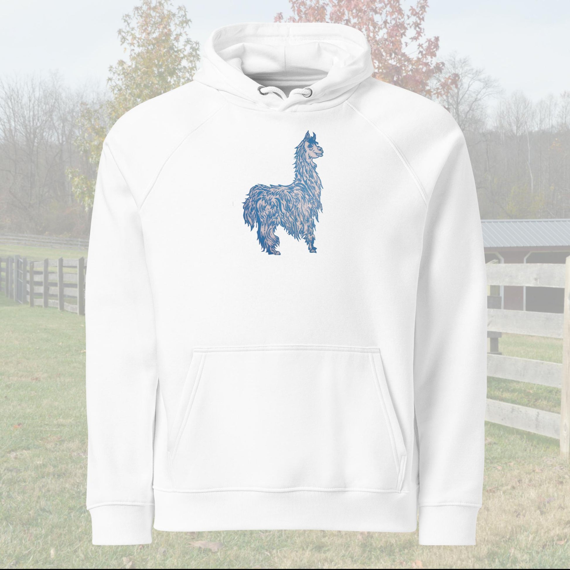 White eco-friendly hoodie featuring a blue alpaca illustration from original linoleum block artwork.