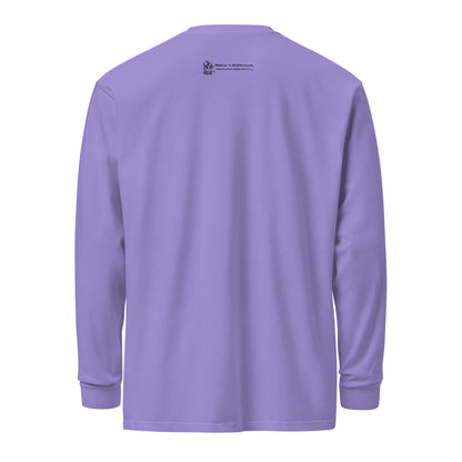 Back of violet long sleeve tee with Who Me? dog logo and Makin’ a Difference tagline Feeling Good Inside & Out!