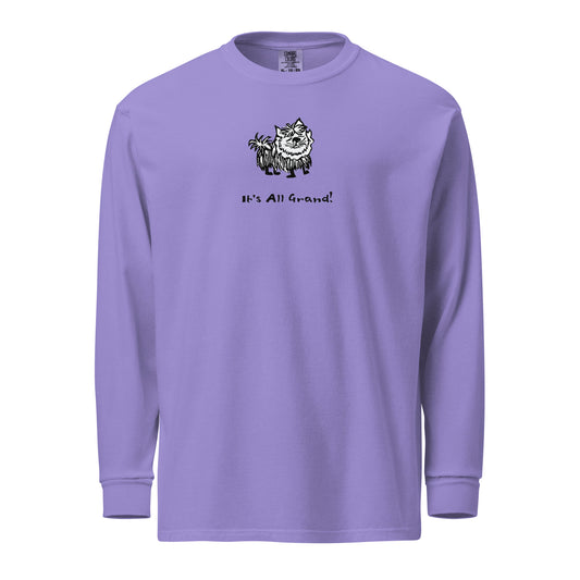 Lavender Comfort Colors long sleeve shirt with dog illustration and “It’s All Grand” slogan, heavyweight garment-dyed cotton relaxed fit